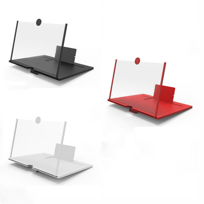 Foldable HD phone screen magnifier stands in black, red and white, designed to enlarge mobile display for comfortable movie watching and home leisure use