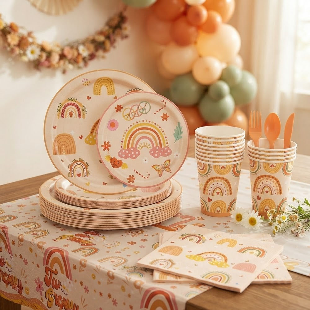 38 133Pcs Boho Rainbow Party Tableware Set - Image 1