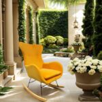 Outdoor bright yellow velvet upholstered wooden rocking patio lounge chair
