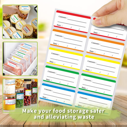 Color coded writable waterproof adhesive food labels for marking storage jars, freezer containers and pantry food to organize kitchen ingredients and reduce food waste.