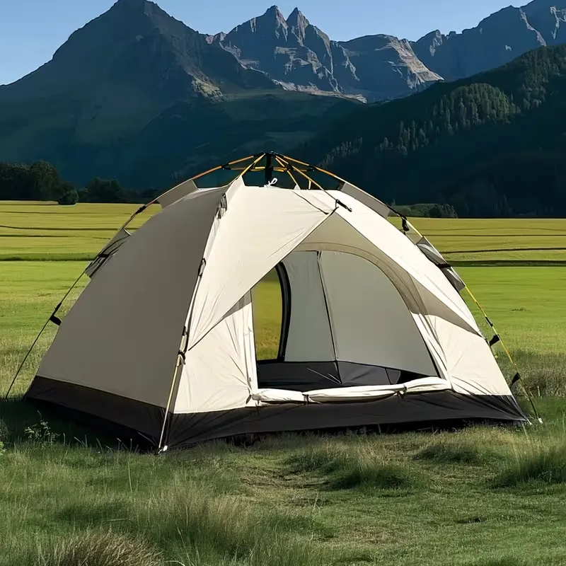 Beige black automatic pop up 3-4 person windproof camping tent set up on mountain grassland for outdoor camping