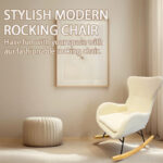 Alt Text：Stylish cream plush high back wooden rocking chair for nursery living room