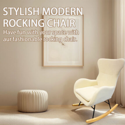 Alt Text：Stylish cream plush high back wooden rocking chair for nursery living room