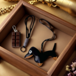 Black leather dachshund pendant and chocolate shaped key charms placed inside wooden storage box for bag decoration