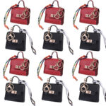 Black and red mini handbag shaped keychains with metal ring buckle and silk scarf strap for bag decoration
