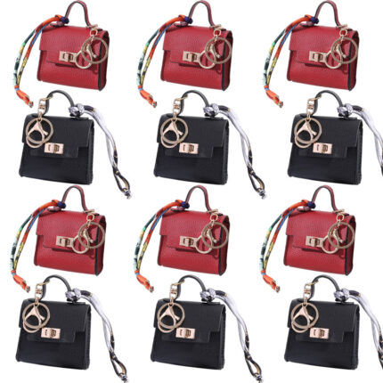 Black and red mini handbag shaped keychains with metal ring buckle and silk scarf strap for bag decoration