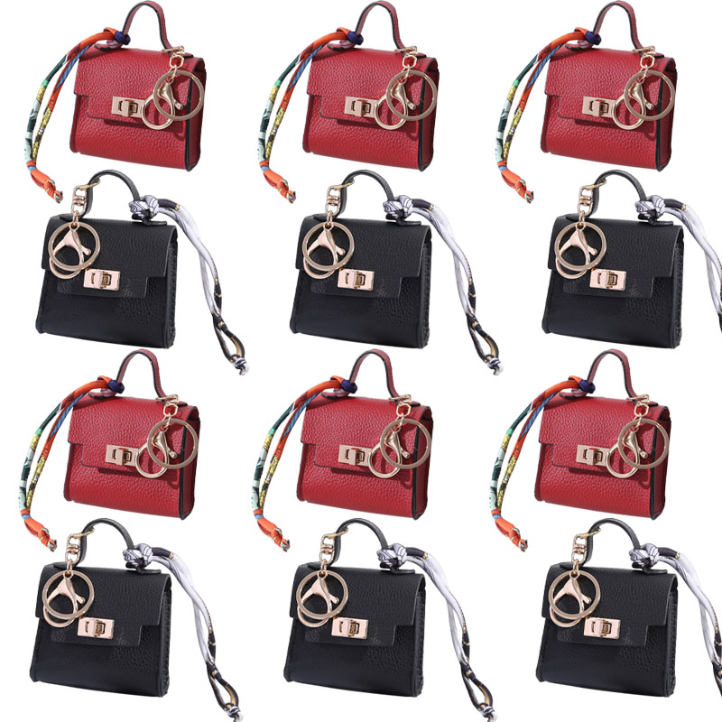 Mini Handbag Keychain with Silk Scarf & Metal Buckle, Luxury Bag Charm Black and red mini handbag shaped keychains with metal ring buckle and silk scarf strap for bag decoration