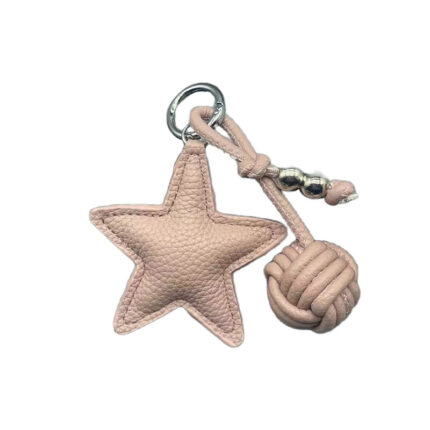 Pink leather five-point star keychain paired with knotted rope bead for handbag and key decoration