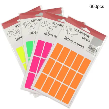 Assorted neon orange pink yellow green rectangular blank self-adhesive sticker labels packs for office filing, container marking and item classification