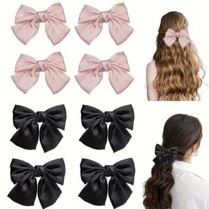 Pink and black glossy satin oversized bow hair barrette clips for women daily hairstyle, party and wedding hair decoration
