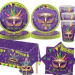 Purple Mardi Gras masquerade mask printed disposable party tableware set including paper plates, drinking cups, napkins and plastic table cover for carnival celebration table decor