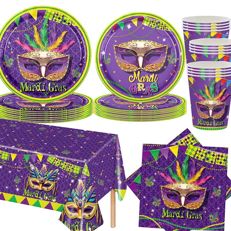 Mardi Gras Mask Disposable Party Tableware Supply Set Purple Mardi Gras masquerade mask printed disposable party tableware set including paper plates, drinking cups, napkins and plastic table cover for carnival celebration table decor