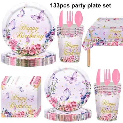Purple butterfly and pink flower printed disposable birthday party tableware set with paper plates, cups, napkins, tablecloth and plastic cutlery for birthday celebration decoration