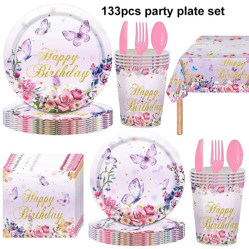 Purple Butterfly Floral Birthday Disposable Tableware Party Supply Set Purple butterfly and pink flower printed disposable birthday party tableware set with paper plates, cups, napkins, tablecloth and plastic cutlery for birthday celebration decoration
