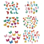 Assorted colorful glitter self-adhesive foam stickers including hearts, stars, moons, butterflies, alphabet letters and numbers for children DIY crafts and decorative projects