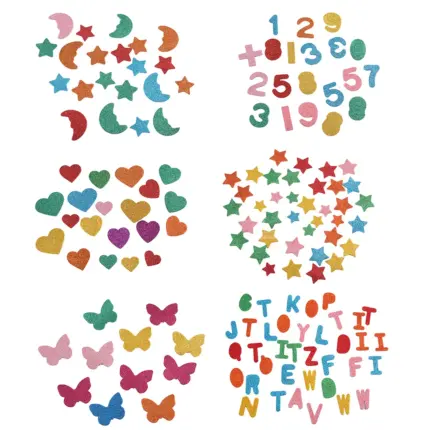 Assorted colorful glitter self-adhesive foam stickers including hearts, stars, moons, butterflies, alphabet letters and numbers for children DIY crafts and decorative projects