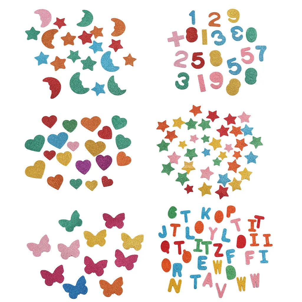 Glitter Foam Stickers Letters Numbers Shapes Self Adhesive Craft Stickers Assorted colorful glitter self-adhesive foam stickers including hearts, stars, moons, butterflies, alphabet letters and numbers for children DIY crafts and decorative projects