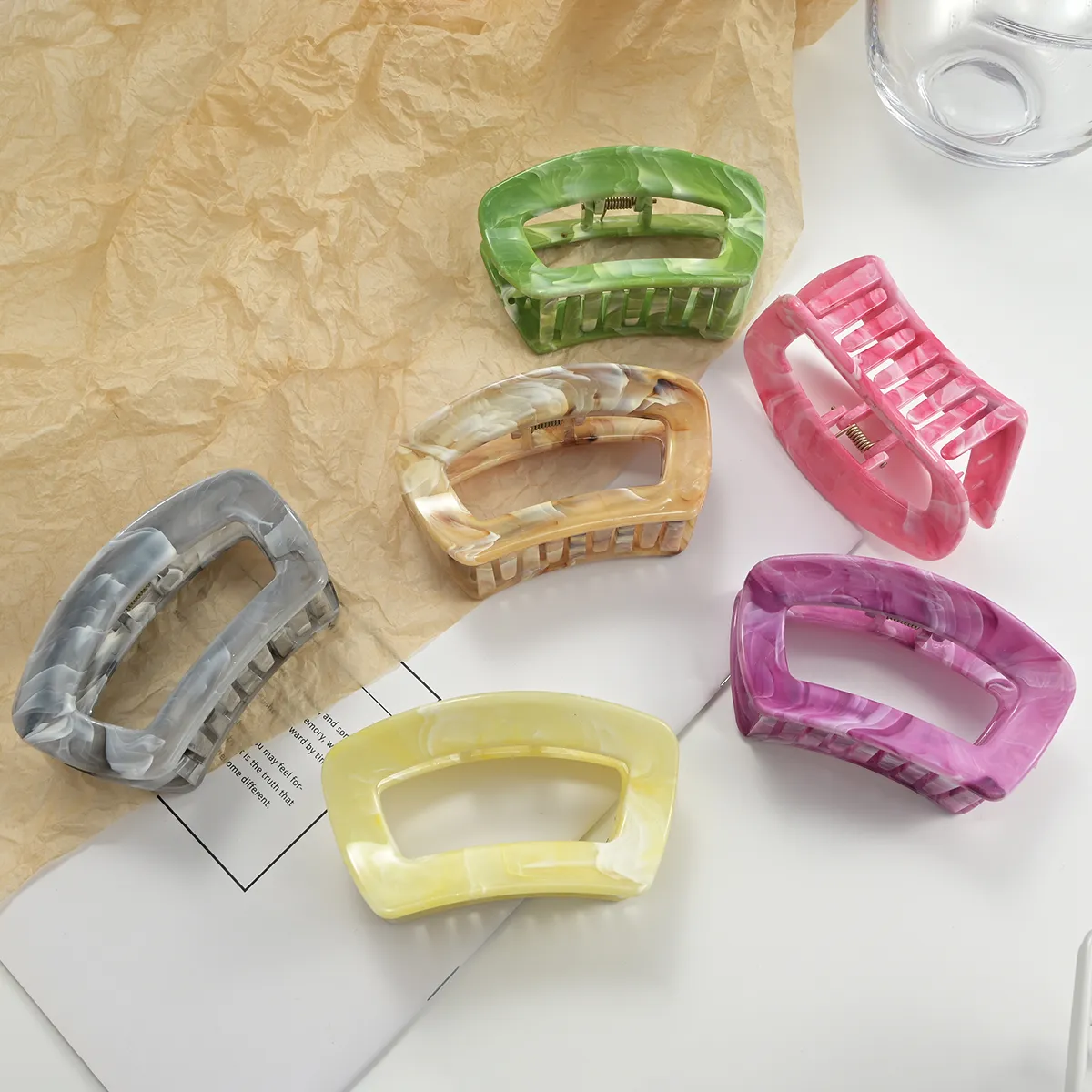 Marble texture shark hair clips set minimalist style