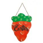 Red strawberry shaped wooden Easter hanging sign with printed Easter letter and jute rope for front door spring holiday decoration