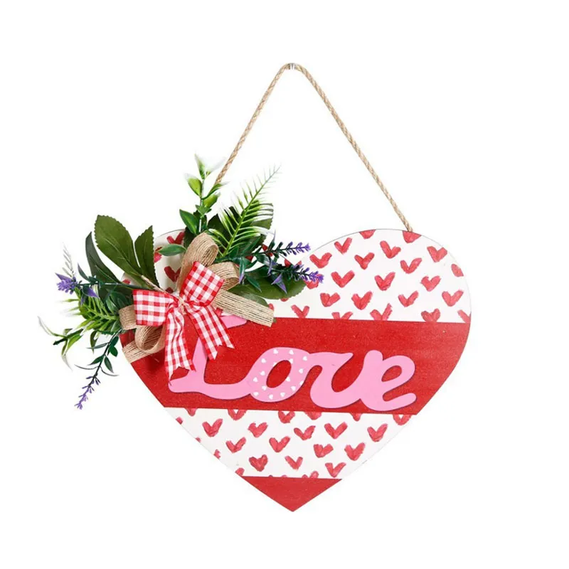 Valentine Love Heart Wooden Door Hanger Wall Decor with Floral Bow Red and white heart shaped wooden love sign with artificial greenery, plaid bow and jute hanging rope for Valentine front door wall decoration