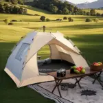 Beige dual window automatic pop up dome tent for family outdoor camping and field overnight activities