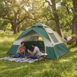 Green white yellow trim automatic pop up camping tent set up on grass for outdoor family camping and beach trips