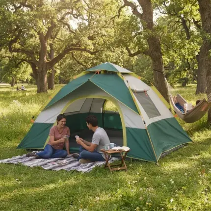 Green white yellow trim automatic pop up camping tent set up on grass for outdoor family camping and beach trips